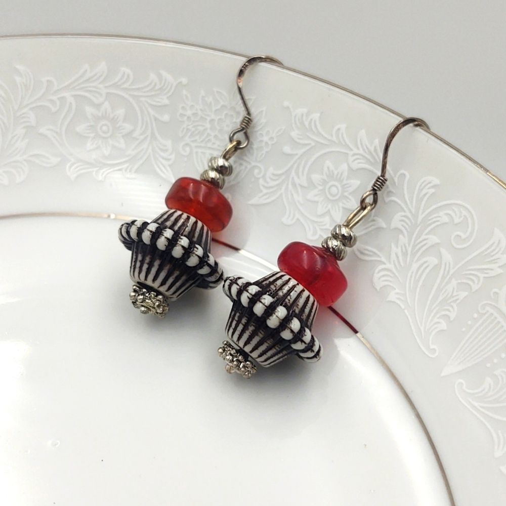 Funky Black, White & Red Hand Beaded Earrings